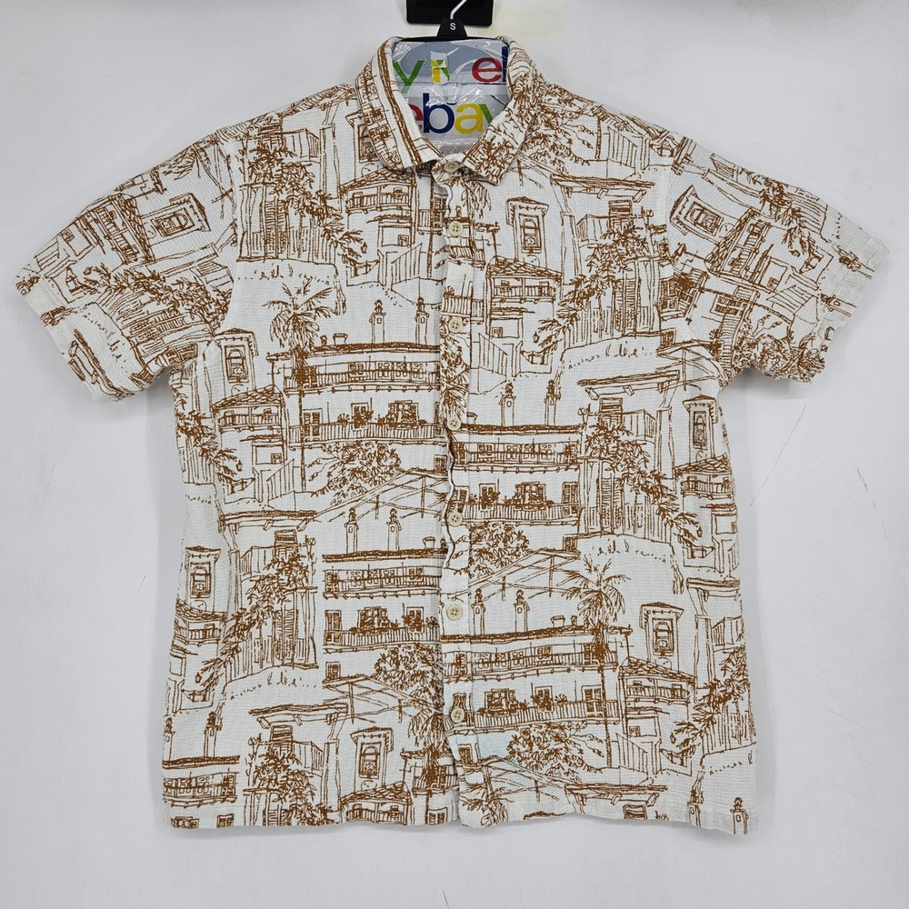 Folk Shirt Mens Medium Short Sleeve Button Up Toile Print Casual Lightweight